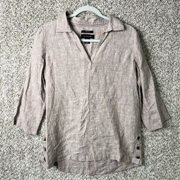 Tahari Top Women’s Small Tan Brown 100% Linen 3/4 Sleeve Collared Popover Blouse - Picture 1 of 5